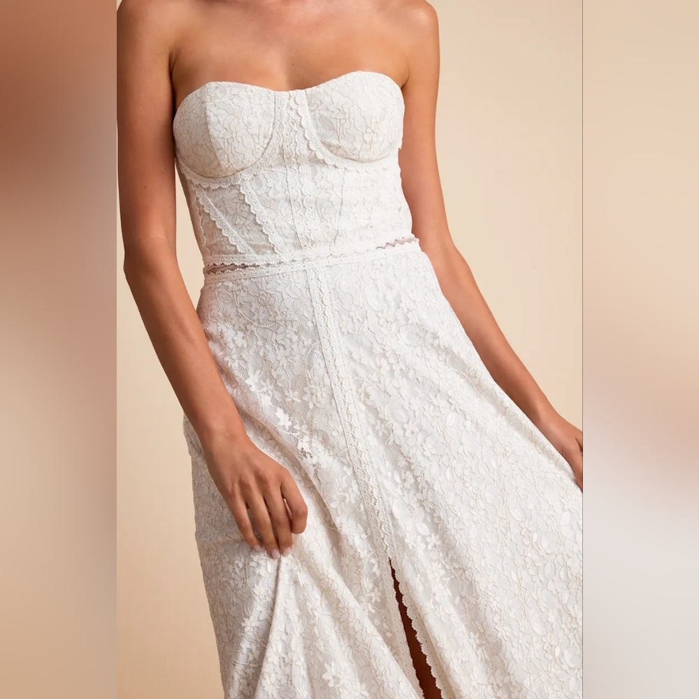 Lulus Eldoria White Lace Strapless Bustier Maxi Dress S Wedding Bridal Party - Picture 4 of 11